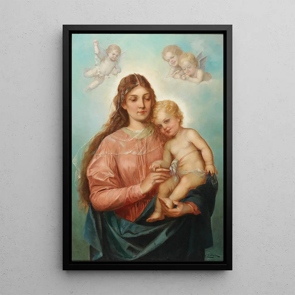 Madone with Child Christ and putti - Hans Zatzka — framed artwork on a wall