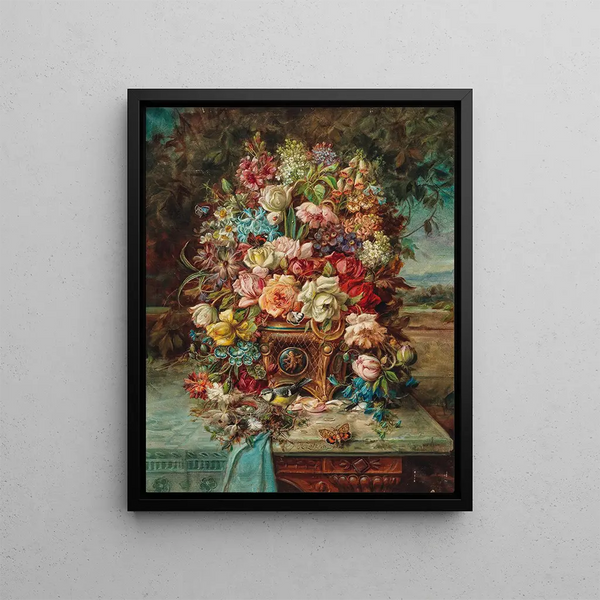a Rich Floral Still Life with Blue Tit in front of a Vast Landscape - Hans Zatzka — framed artwork on a wall