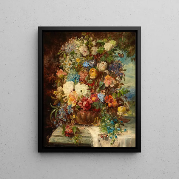Summer Flowers Painting on a Ledge - Hans Zatzka — framed artwork on a wall