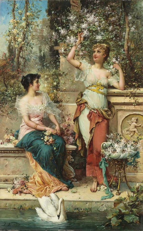 Two Ladies in a Park - Hans Zatzka — framed artwork on a wall