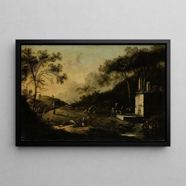 Italian mountain landscape painting with travelers at a well - Hans de Jode — framed artwork on a wall