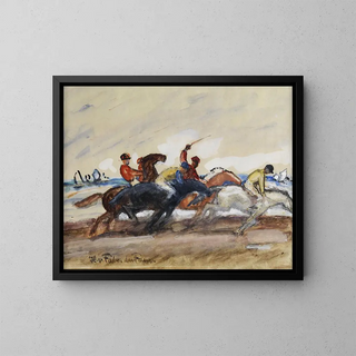 Jockeys lors d'une course sur la plage - Hans von Faber du Faur — framed artwork on a wall