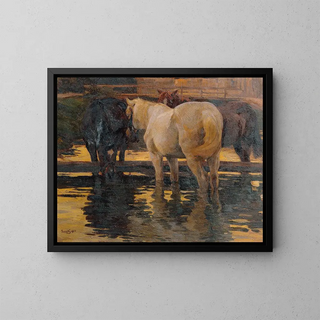 Horses in the pond - Hans von Hayek — framed artwork on a wall