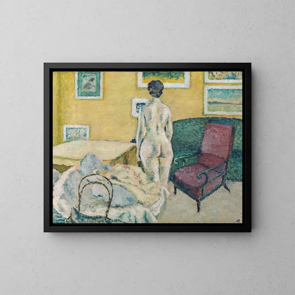 Interior with nude standing - Harald Giersing — framed artwork on a wall