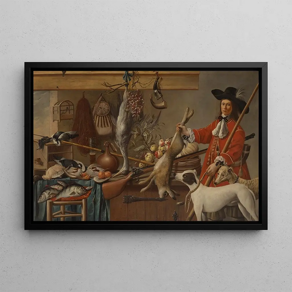 a hunter holding a dead hare with his two dogs - Harmen Steenwijck — framed artwork on a wall