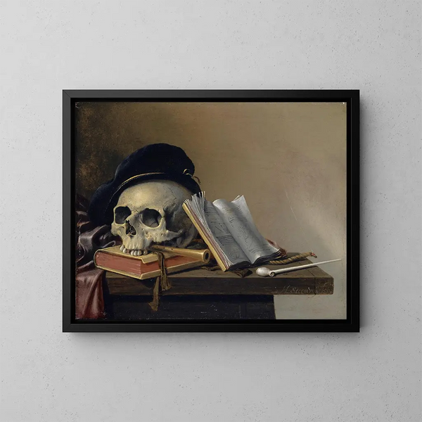 Still life with skull, books, flute, and pipe - Harmen Steenwijck — framed artwork on a wall