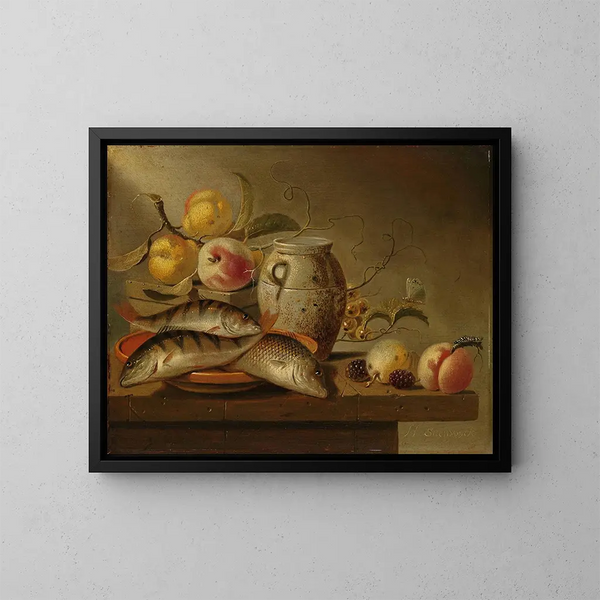 Nature morte avec jarre en terre cuite, poisson et fruits - Harmen Steenwijck — framed artwork on a wall