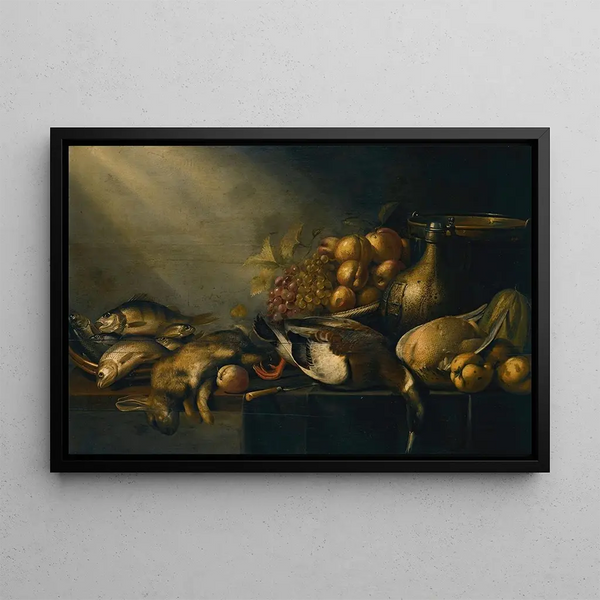 Nature morte with a dead hare, a duck, fish, vegetables, and a terracotta jug on a draped table - Harmen Steenwijck — framed artwork on a wall
