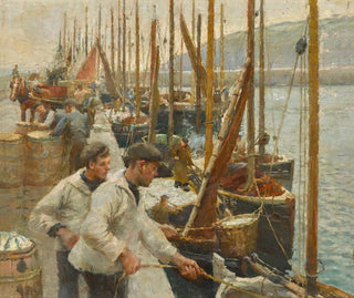 Fishing Boats at Newlyn - Harold Harvey — artwork view