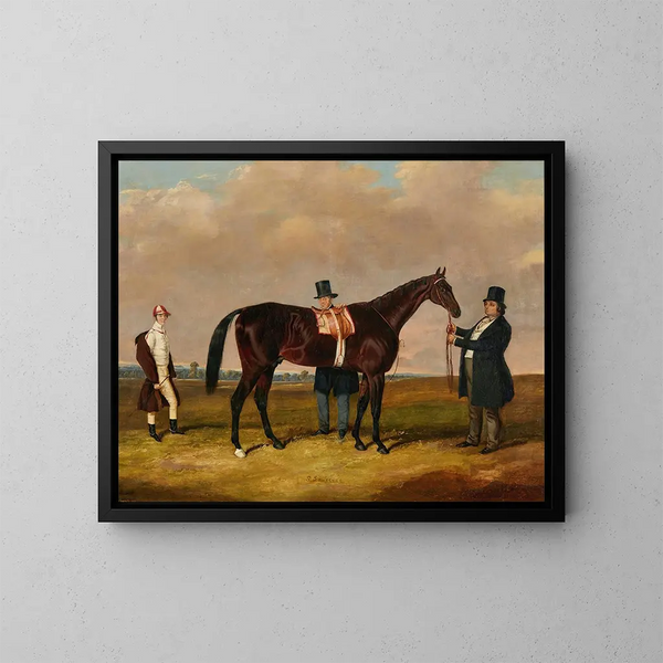 Lord Howth with his thoroughbred Saint Laurent, his trainer, and his jockey Ford - Harry Hall — framed artwork on a wall