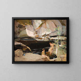 Two boys bathing in a rocky pond - Harry Watson — framed artwork on a wall