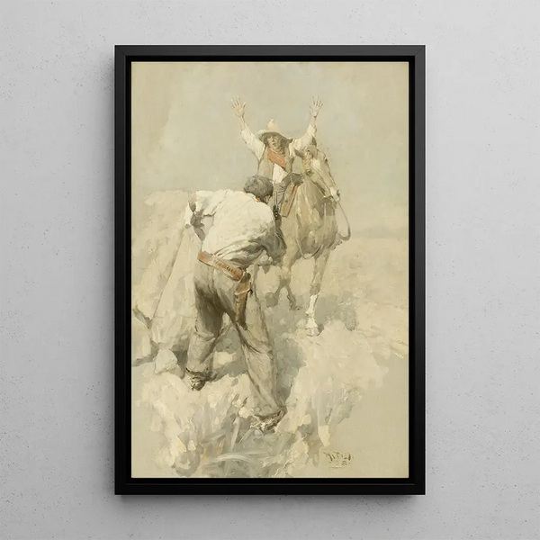 The Pony Express Rider and the Highway Bandit - Harvey T. Dunn — framed artwork on a wall