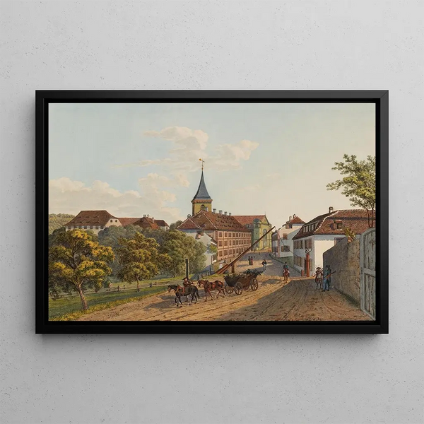 1823 - Hauptstrasse und Kirche in Lörrach — framed artwork on a wall