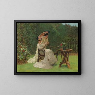 Two women in a garden - Hector Caffieri — framed artwork on a wall