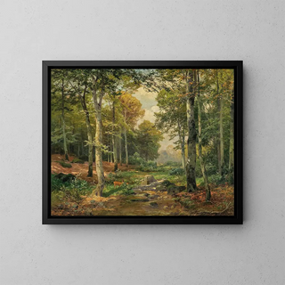 a sunny forest with a roe deer - Heinrich Böhmer — framed artwork on a wall