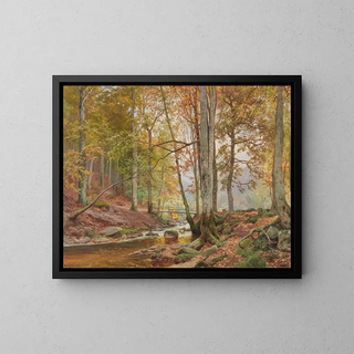 Wood of Autumn with a Bridge over a Stream - Heinrich Böhmer — framed artwork on a wall