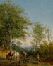 an Italian-style wooded landscape with a lumberjack and his team of horses and a passerby with his dog - Heinrich Bürkel — artwork view