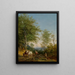 an Italian-style wooded landscape with a lumberjack and his team of horses and a passerby with his dog - Heinrich Bürkel — framed artwork on a wall