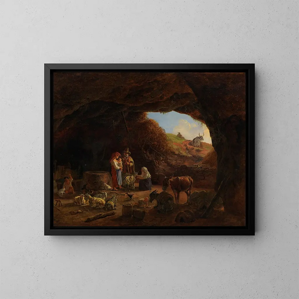 Family of Italian Shepherds in the Cave - Heinrich Bürkel — framed artwork on a wall