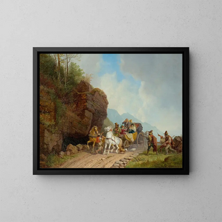 Attack of the ribbons on a stagecoach - Heinrich Bürkel — framed artwork on a wall