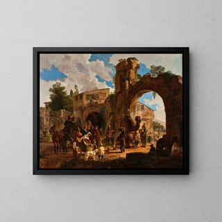 Les ours de spectacle viennent dans un village italien - Heinrich Bürkel — framed artwork on a wall