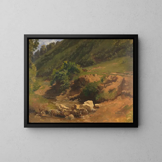 Steep slope with stream background - Heinrich Dreber — framed artwork on a wall