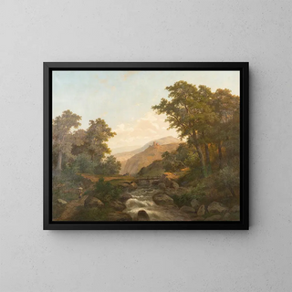 Romantic landscape painting with castle and wild stream - Heinrich Eduard Heyn — framed artwork on a wall