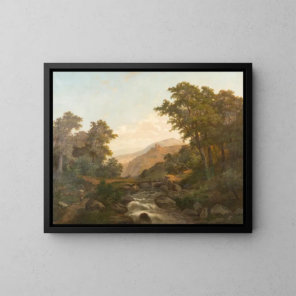 Romantic landscape painting with castle and wild stream - Heinrich Eduard Heyn — framed artwork on a wall