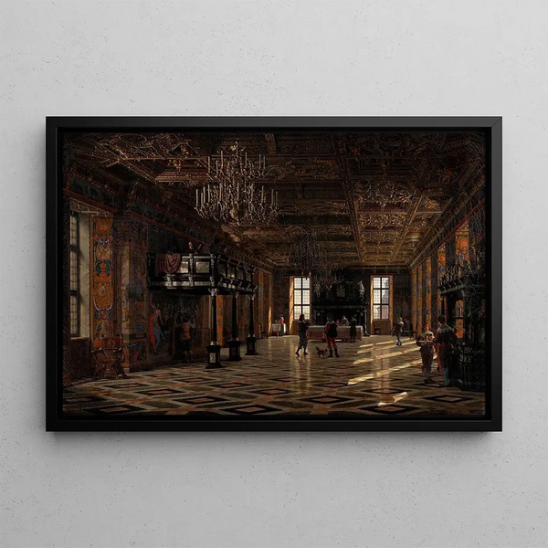 The Great Hall at Frederiksborg Castle under the reign of Christian IV - Heinrich Hansen Source: Tableau La grande salle au château de Frederiksborg sous le règne de Christian IV - Heinrich Hansen — framed artwork on a wall