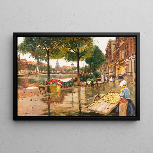 Flower Market Painting in Amsterdam - Heinrich Hermanns — framed artwork on a wall