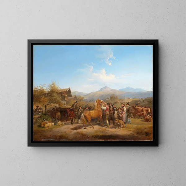 Market at the Horses in Tyrol - Heinrich Marr — framed artwork on a wall
