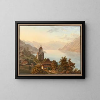View of the church and the village of Ringgenberg on Lake Brienz - Heinrich Meichelt — framed artwork on a wall