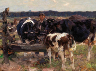 a painting of a shepherd with cows near a watering trough - Heinrich von Zügel — artwork view