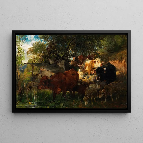 Cows and sheep at the watering trough - Heinrich von Zügel — framed artwork on a wall
