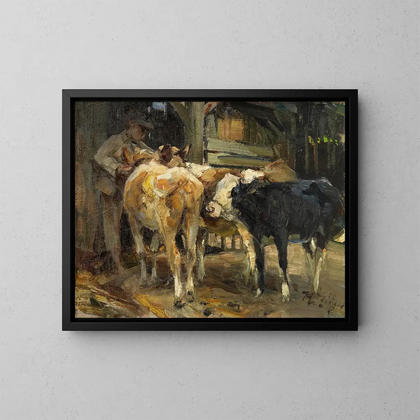 Khe devant l'étable - Heinrich von Zügel — framed artwork on a wall
