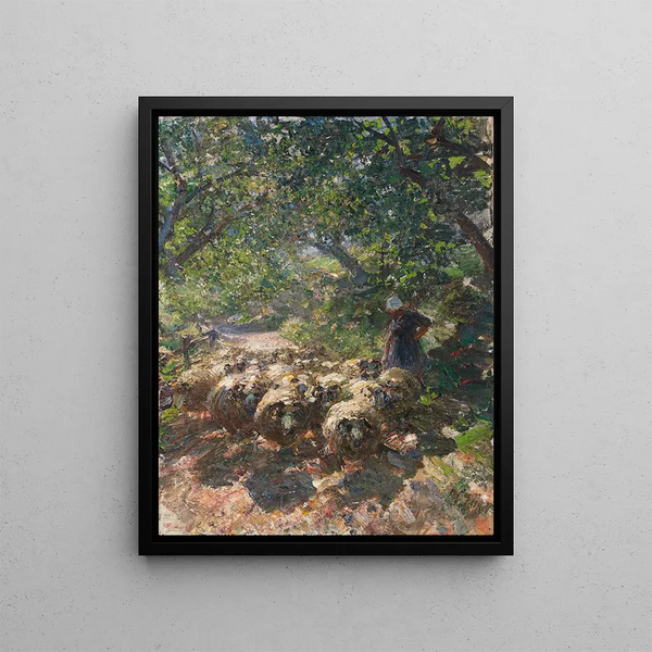 Herd of sheep with shepherdess in a shaded hollow - Heinrich von Zügel — framed artwork on a wall