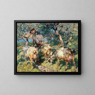 Shepherds with goats on the way to water - Heinrich von Zügel — framed artwork on a wall