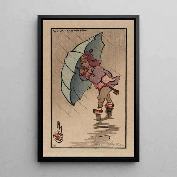 The Blue Umbrella - Helen Hyde — framed artwork on a wall