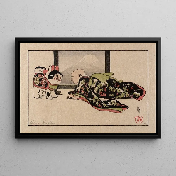 The Puppy-Cat and the Baby - Helen Hyde — framed artwork on a wall