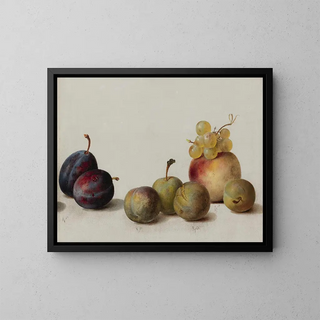 Prunes, peaches and grapes - Helen Searle — framed artwork on a wall