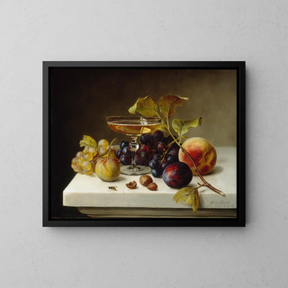 Nature morte avec des fruits et du champagne - Helen Searle — framed artwork on a wall