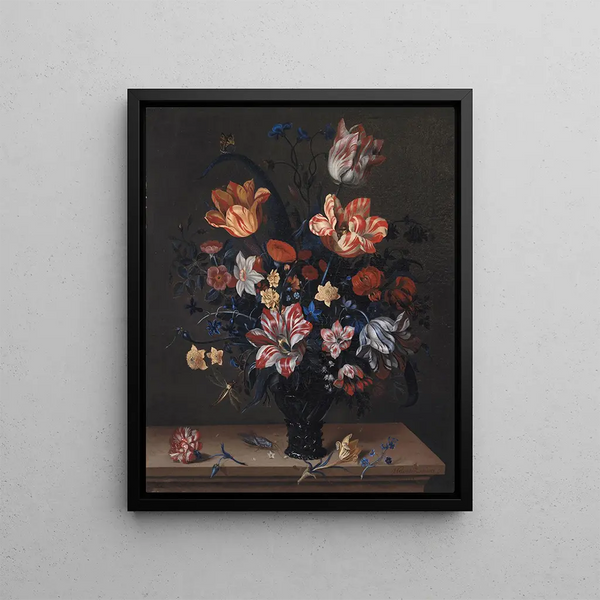 Tulips and other flowers in a rum - Helena Roouers — framed artwork on a wall