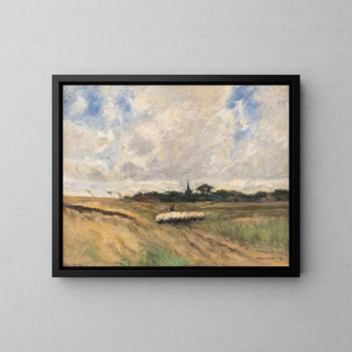 Shepherds with a flock in a stormy landscape - Helmuth Liesegang — framed artwork on a wall