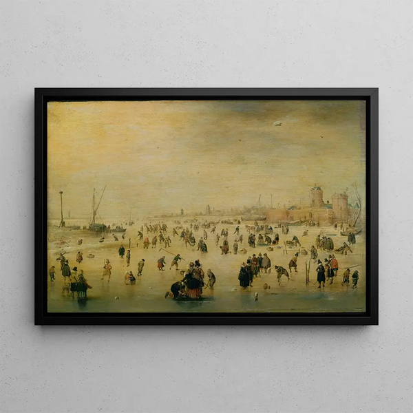 Ice skating scene - Hendrick Avercamp — framed artwork on a wall
