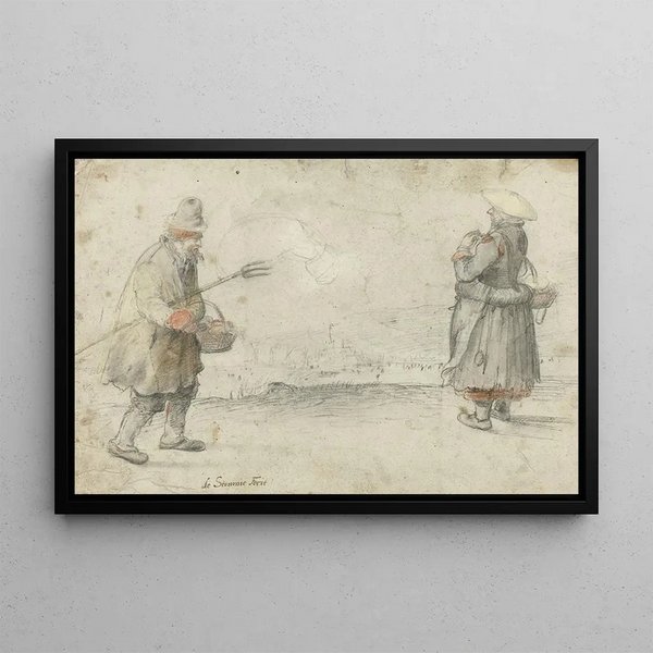 Études d'un homme et d'une femme debout sur la rive d'une rivière gelée avec une ville au loin - Hendrick Avercamp — framed artwork on a wall