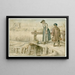 Winter landscape painting with a woman and a young person on a small bridge, skaters and a gibbet in the distance - Hendrick Avercamp — framed artwork on a wall