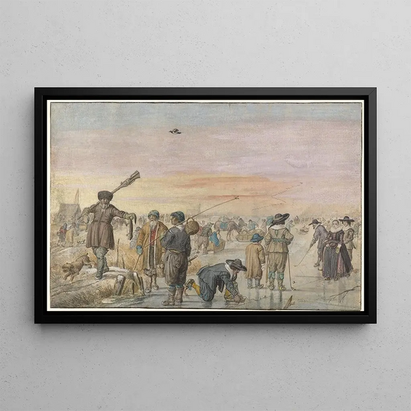 Winter scene on the ice with a hunter showing an otter - Hendrick Avercamp — framed artwork on a wall