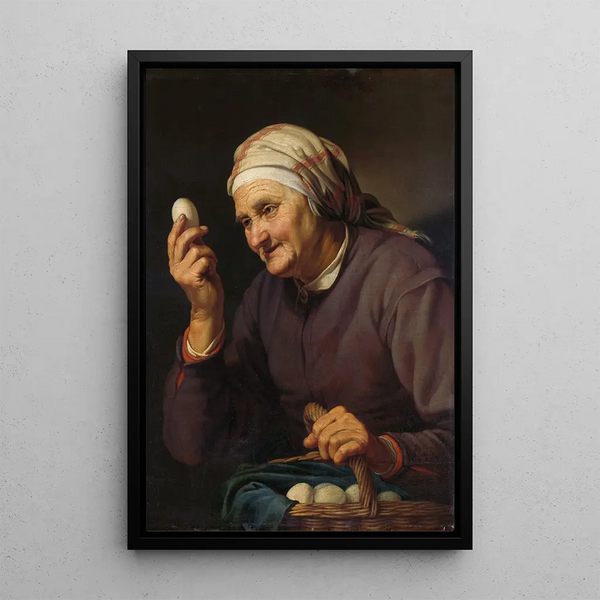 Old woman selling eggs - Hendrick Bloemaert — framed artwork on a wall
