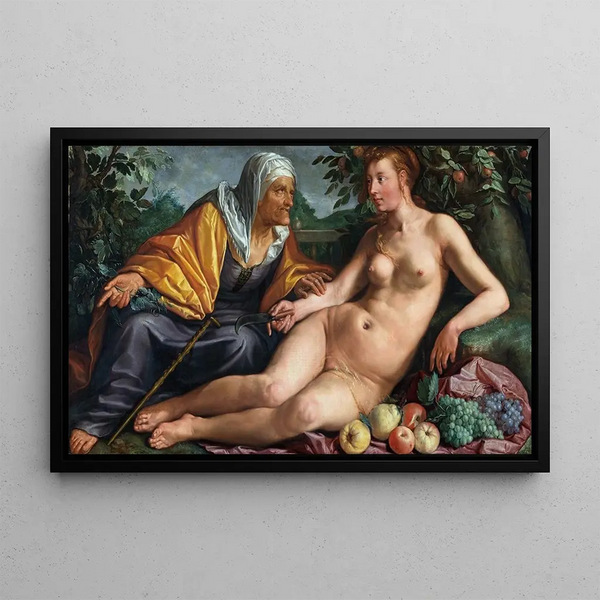 Vertumne and Pomone - Hendrick Goltzius — framed artwork on a wall