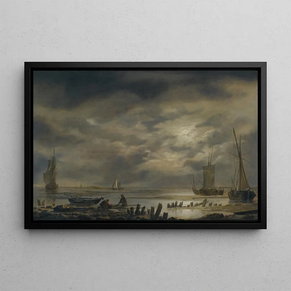 Coastal landscape painting in moonlight with fishermen in the foreground - Hendrick Jacobsz Dubbels — framed artwork on a wall